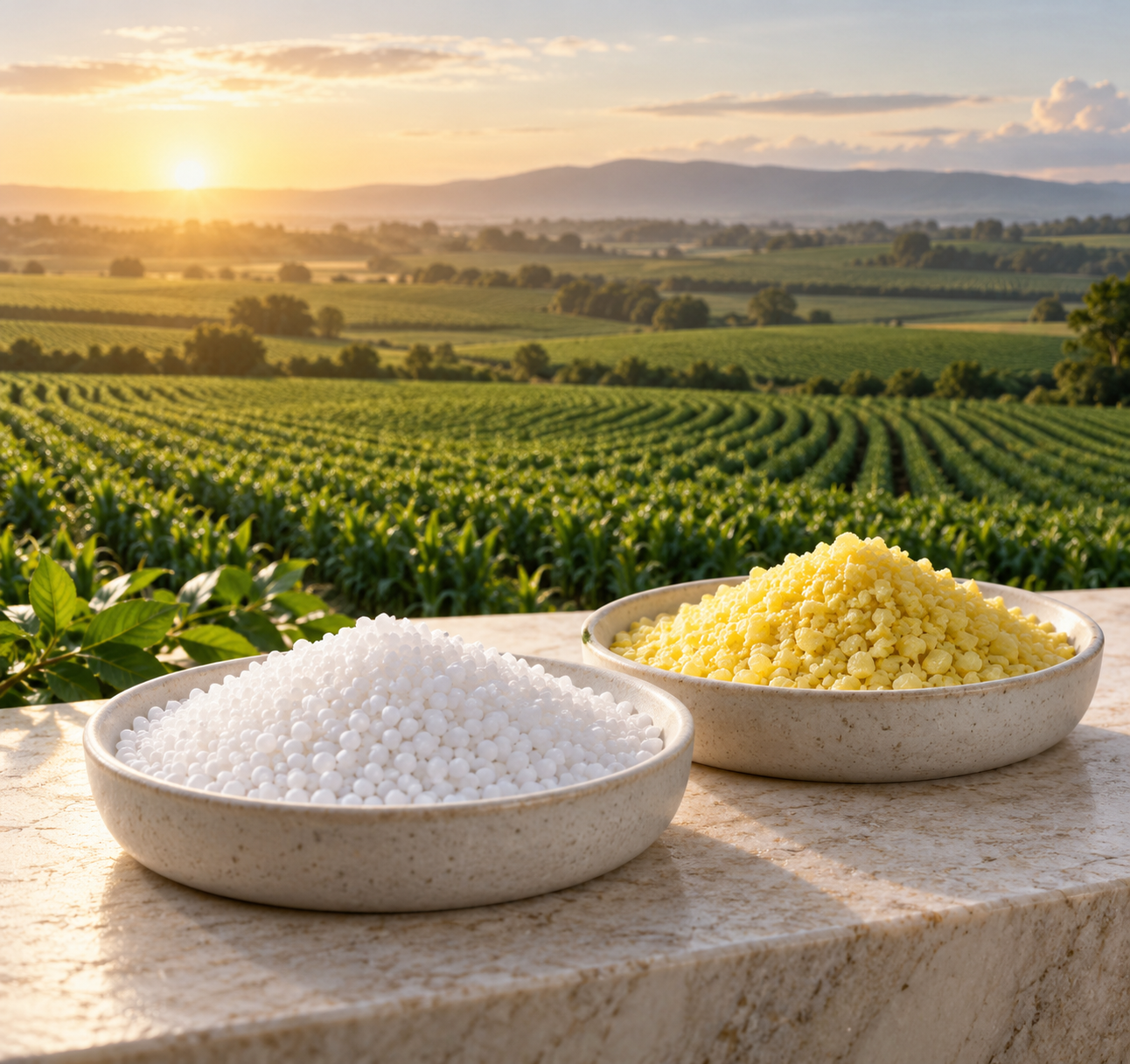 Urea and sulphur samples against green agricultural fields